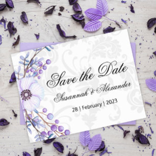 Purple Floral Berry Wreath Wedding Save the Date Announcement Postcard