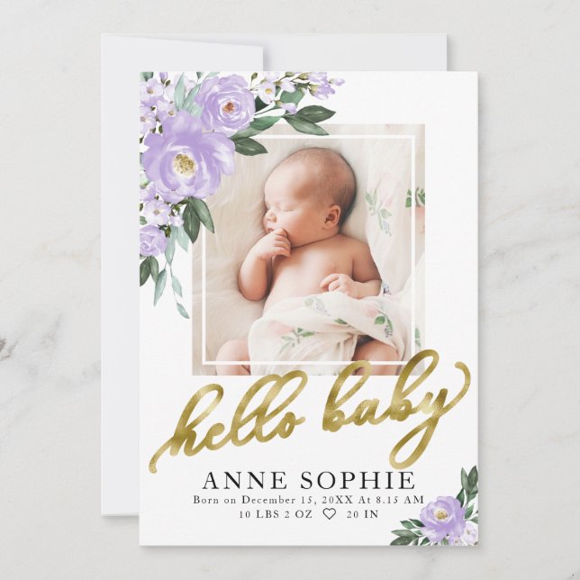 Purple Floral Birth Announcement & Thank You Card (Front)