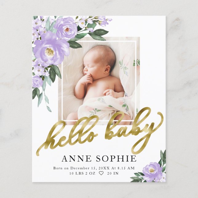 Purple Floral Birth Announcement Thank You Card (Front)