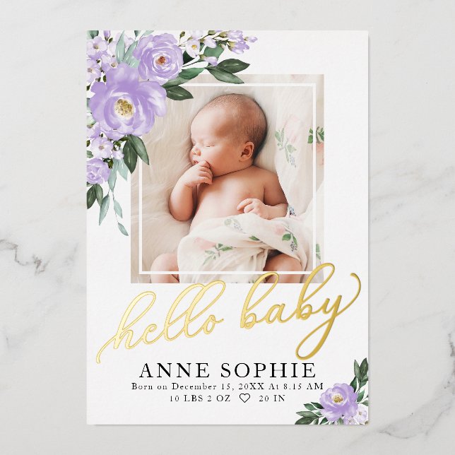 Purple Floral Birth Announcement & Thank You Card (Front)