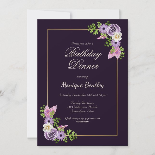 Purple Floral Birthday Dinner Invitation (Front)
