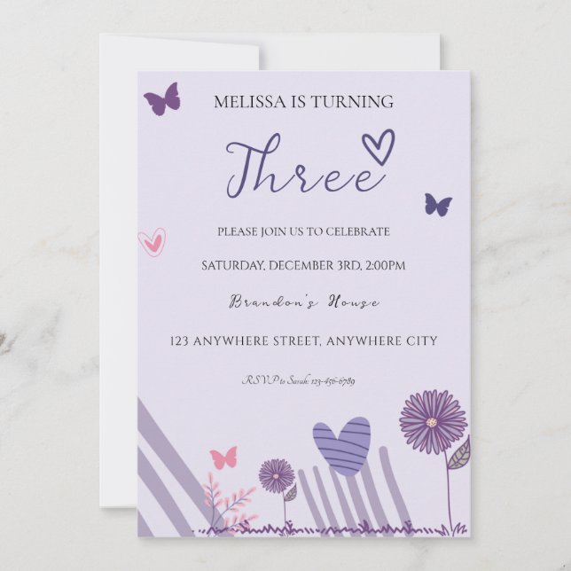 Purple Floral Birthday Party Invitation (Front)