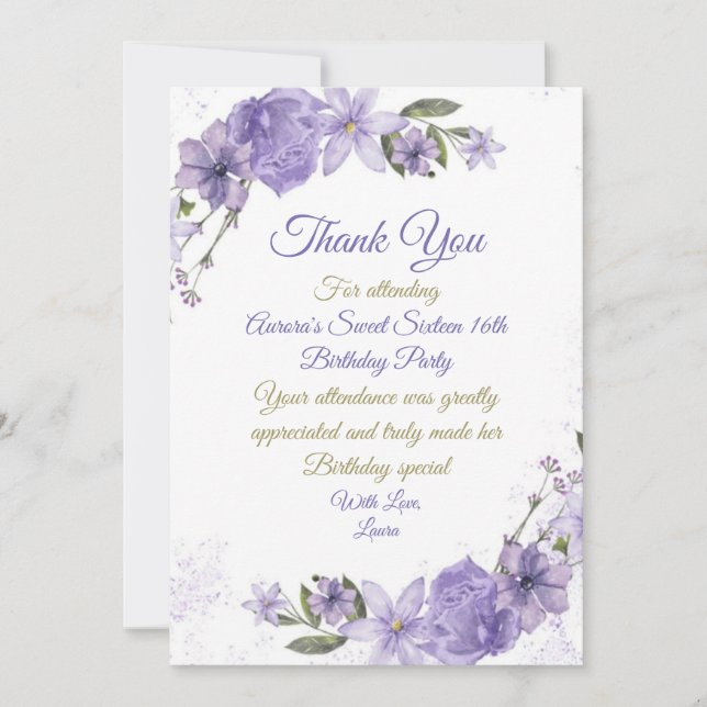 Purple Floral Birthday Thank You Card (Front)