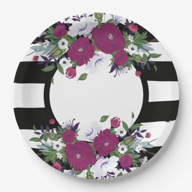 Purple Floral Black And White Stripes Flowers Paper Plate (Front)