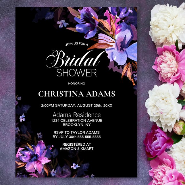 Purple Floral Black Bridal Shower Invitation (Creator Uploaded)