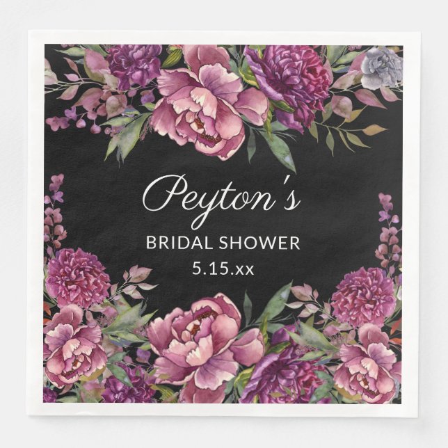 Purple Floral Black Bridal Shower Name Date Napkin (Front)