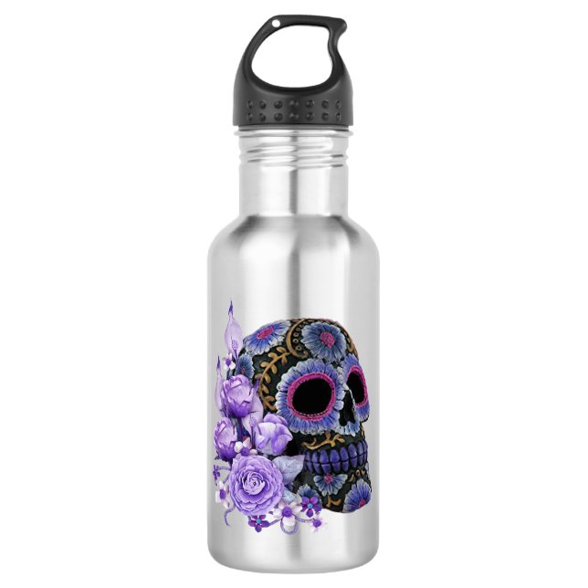 Purple Floral Black Sugar Skull Day Of The Dead 532 Ml Water Bottle (Front)