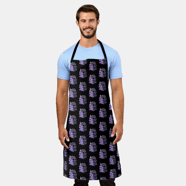 Purple Floral Black Sugar Skull Day Of The Dead Apron (Worn)