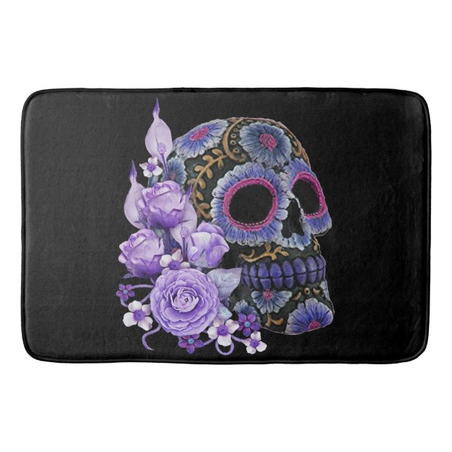 Purple Floral Black Sugar Skull Day Of The Dead Bath Mat (Front)