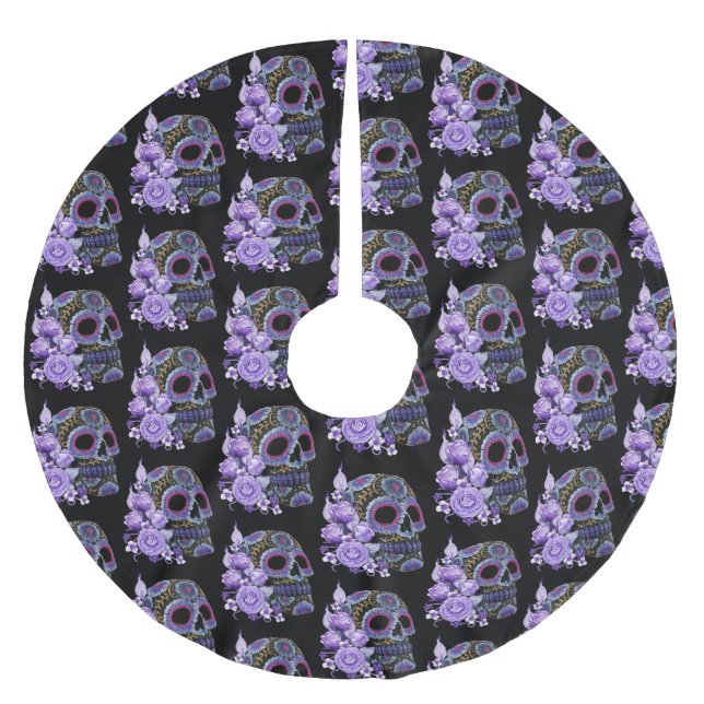 Purple Floral Black Sugar Skull Day Of The Dead Brushed Polyester Tree Skirt (Front)