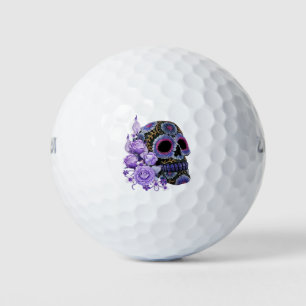 Purple Floral Black Sugar Skull Day Of The Dead Golf Balls