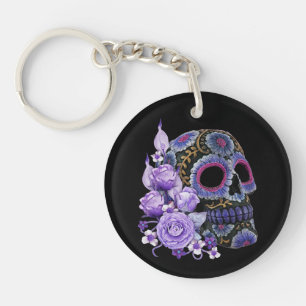 Purple Floral Black Sugar Skull Day Of The Dead Key Ring
