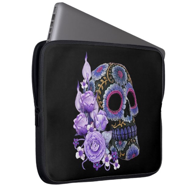 Purple Floral Black Sugar Skull Day Of The Dead Laptop Sleeve (Front Right)