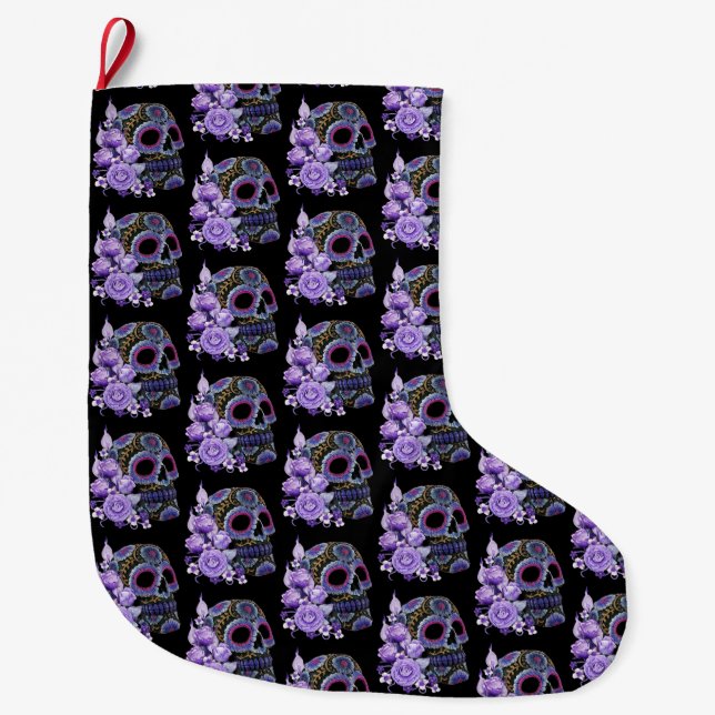 Purple Floral Black Sugar Skull Day Of The Dead Large Christmas Stocking (Front)
