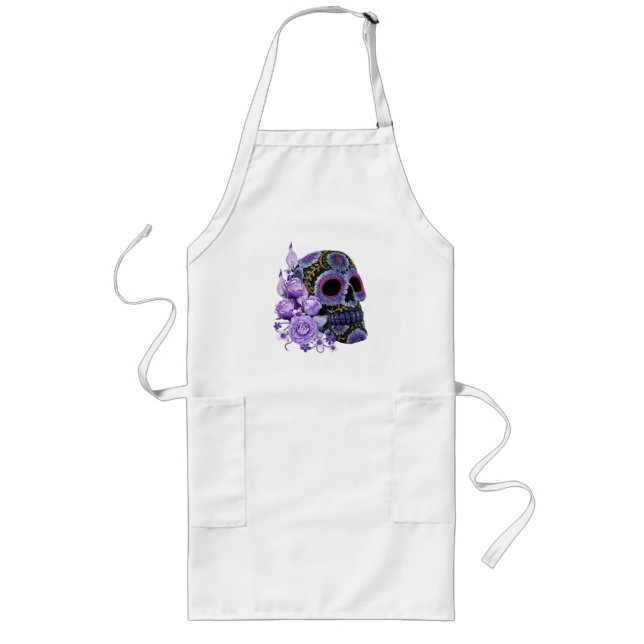 Purple Floral Black Sugar Skull Day Of The Dead Long Apron (Front)
