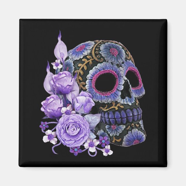 Purple Floral Black Sugar Skull Day Of The Dead Magnet (Front)