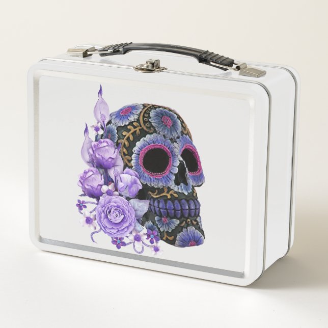 Purple Floral Black Sugar Skull Day Of The Dead Metal Lunch Box (Front)