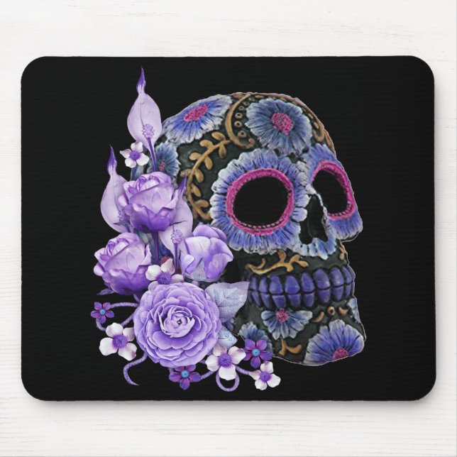 Purple Floral Black Sugar Skull Day Of The Dead Mouse Mat (Front)