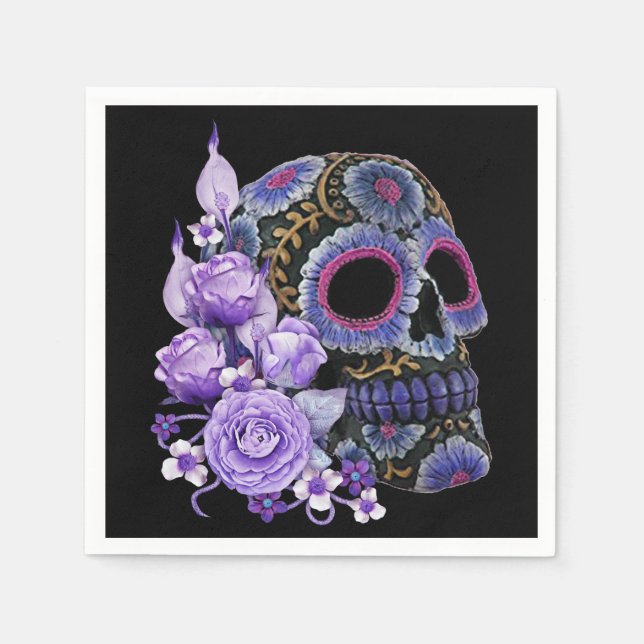 Purple Floral Black Sugar Skull Day Of The Dead Napkin (Front)