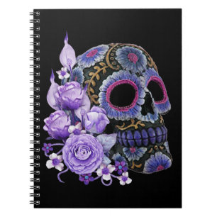 Purple Floral Black Sugar Skull Day Of The Dead Notebook