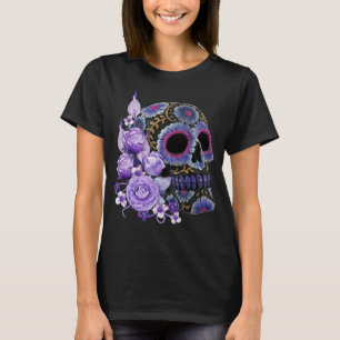 Purple Floral Black Sugar Skull Day Of The Dead T-Shirt