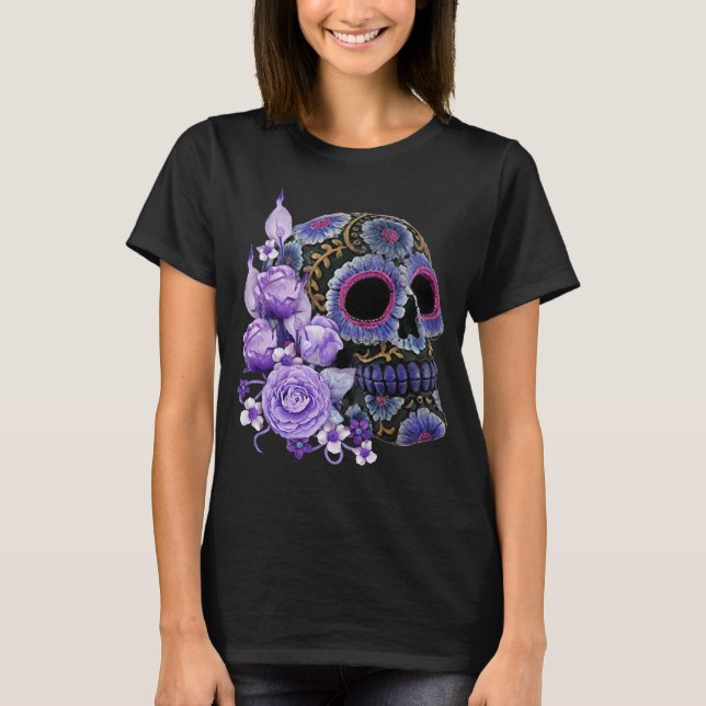 Purple Floral Black Sugar Skull Day Of The Dead T-Shirt (Front)