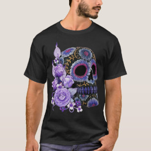 Purple Floral Black Sugar Skull Day Of The Dead T-Shirt