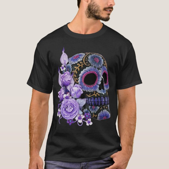 Purple Floral Black Sugar Skull Day Of The Dead T-Shirt (Front)