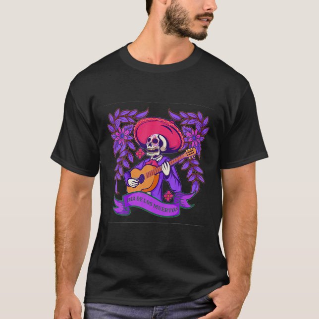 Purple Floral Black Sugar Skull Day Of The Dead T-Shirt (Front)