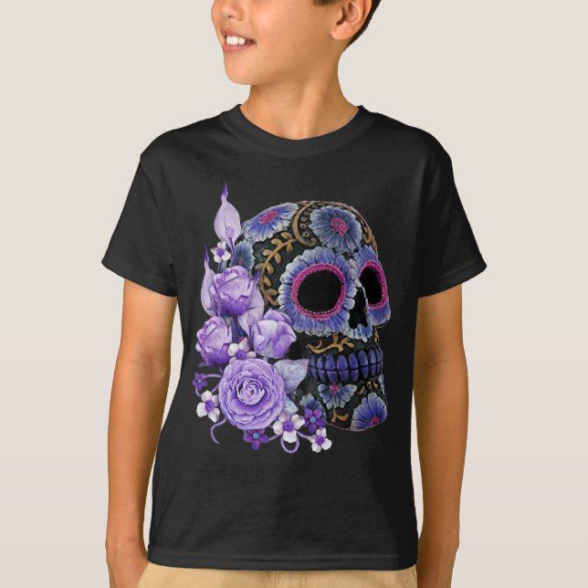 Purple Floral Black Sugar Skull Day Of The Dead T-Shirt (Front)
