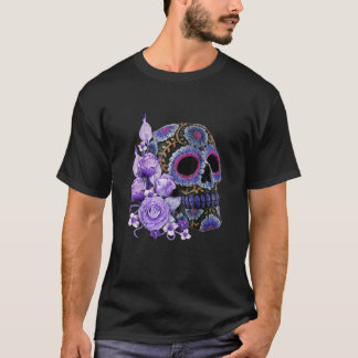 Purple Floral Black Sugar Skull Day Of The Dead T  T-Shirt