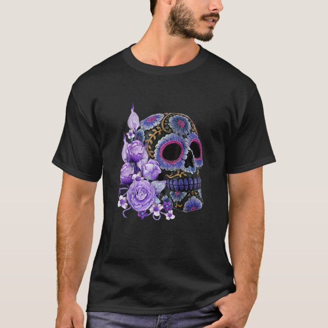 Purple Floral Black Sugar Skull Day Of The Dead T  T-Shirt (Front)