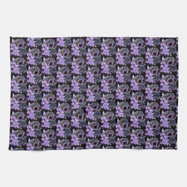 Purple Floral Black Sugar Skull Day Of The Dead Tea Towel (Horizontal)