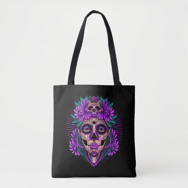 Purple Floral Black Sugar Skull Day Of The Dead Tote Bag (Front)