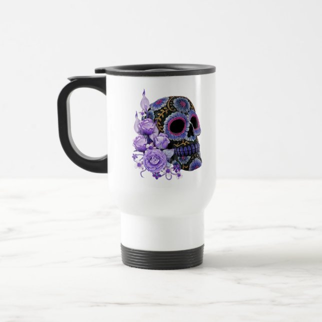 Purple Floral Black Sugar Skull Day Of The Dead Travel Mug (Left)