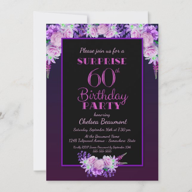 Purple Floral Black Surprise 60th Birthday Party Invitation (Front)