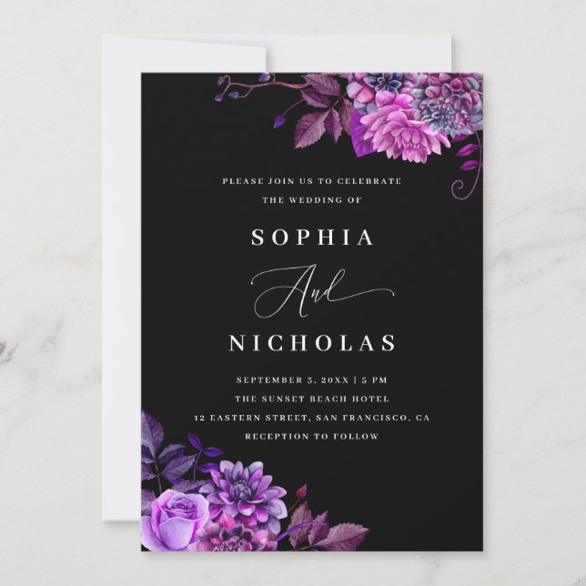 Purple Floral Black Wedding | Photo & QR Code Invitation (Front)