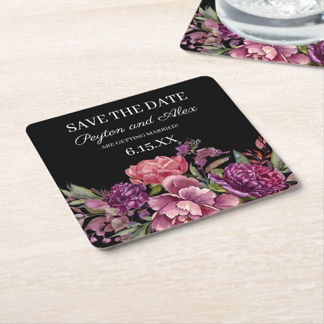 Purple Floral Black Wedding Save the Date Square Paper Coaster (Angled)