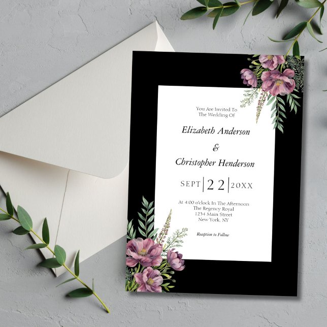 Purple Floral Black White Elegant Modern Wedding Invitation (Black White Purple Floral Elegant Modern Chic Wedding Invitation)