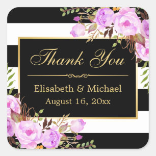 Purple Floral Black White Striped Gold Thank You Square Sticker