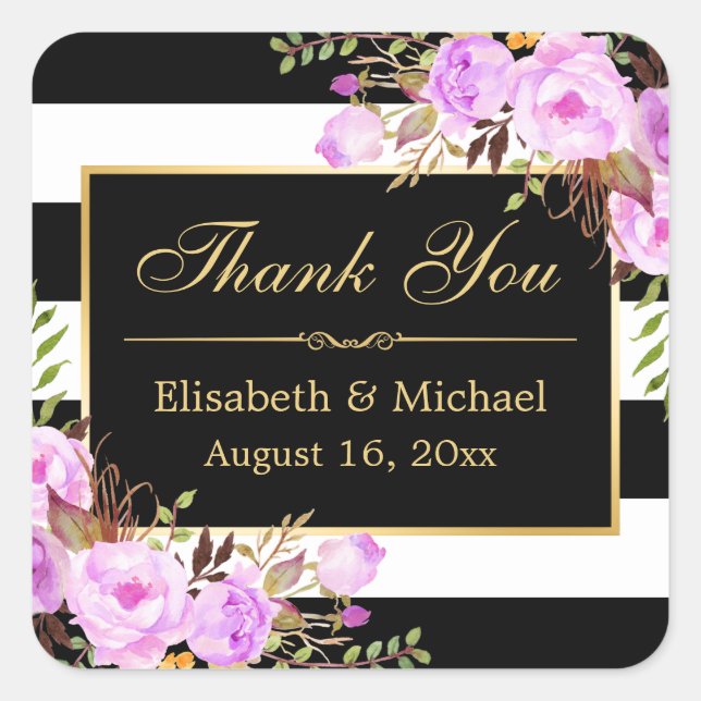 Purple Floral Black White Striped Gold Thank You Square Sticker (Front)