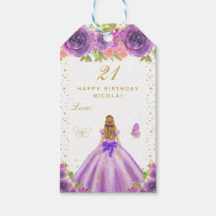 Purple Floral Blonde Hair Girl Happy Birthday Gift Tags