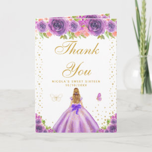 Purple Floral Blonde Hair Girl Sweet Sixteen Thank You Card