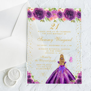 Purple Floral Blonde Hair Princess Birthday Party Acrylic Invitations