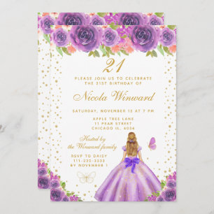 Purple Floral Blonde Hair Princess Birthday Party Invitation