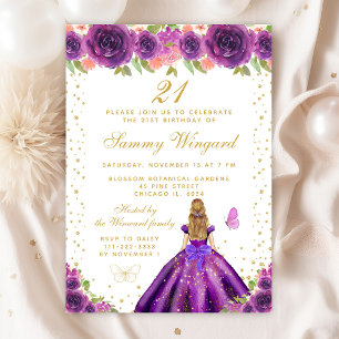 Purple Floral Blonde Hair Princess Birthday Party Invitation