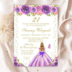 Purple Floral Blonde Hair Princess Birthday Party Invitation