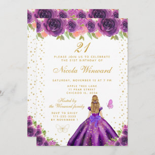 Purple Floral Blonde Hair Princess Birthday Party Invitation