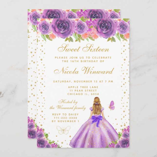 Purple Floral Blonde Hair Princess Sweet Sixteen Invitation (Front/Back)