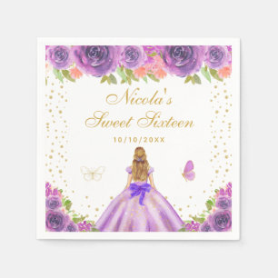 Purple Floral Blonde Hair Princess Sweet Sixteen Napkin